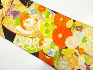 アンティーク　宝船に菊・荒波模様織り出し袋帯（着用可）